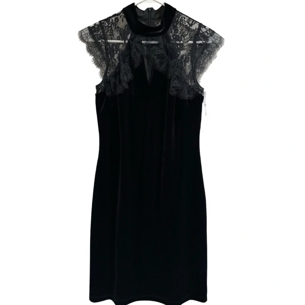White House Black Market Black Velvet & Lace Veiling Evening Shift Dress Size 2